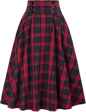 Womens Plaid Skirt for Womens High Waist Aline Pleated Midi Skirts Vintage Skirts A Line Pleated Skirt