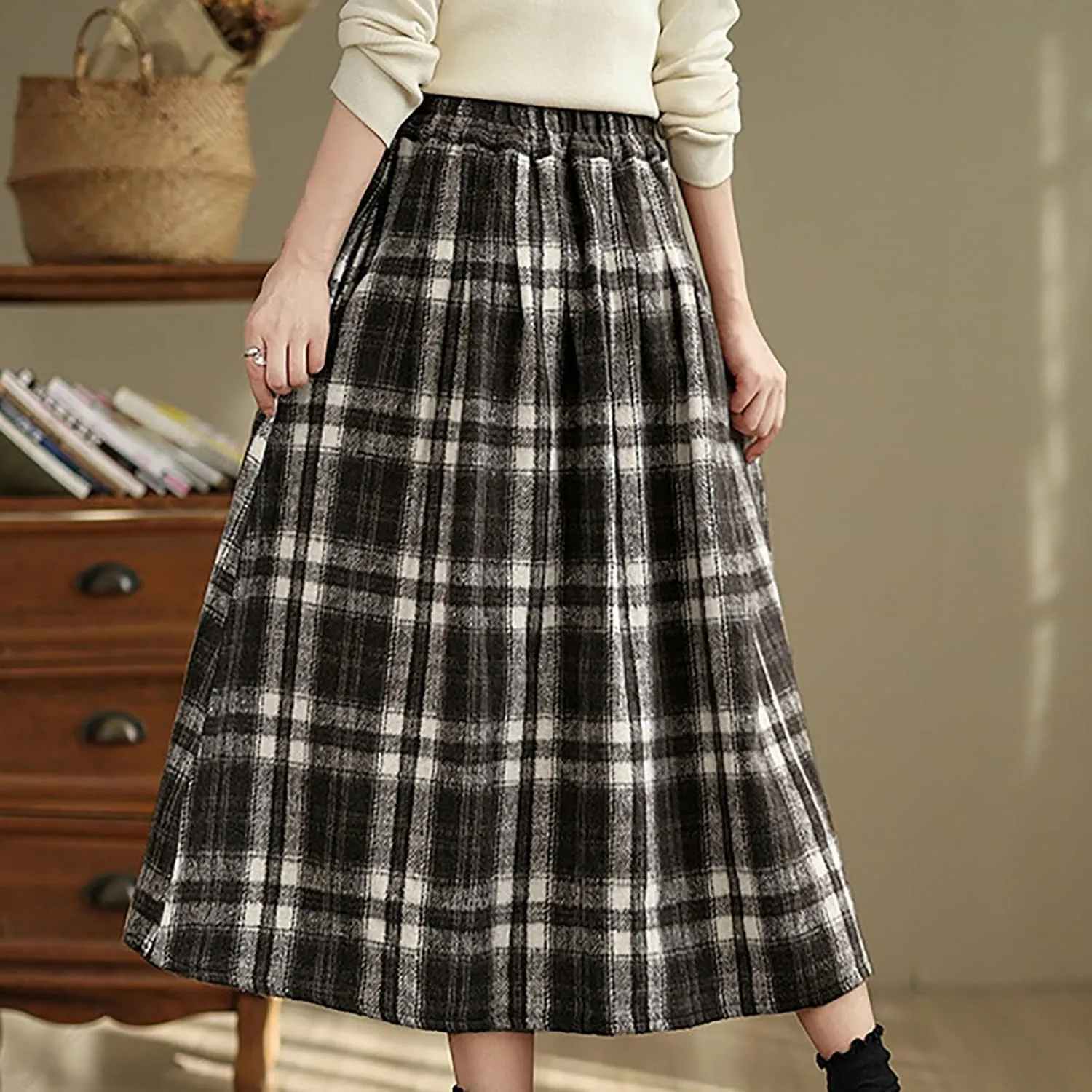Womens Plaid Wool Skirts Elastic High Waisted A-Line Pleated Tartan Long Skirts