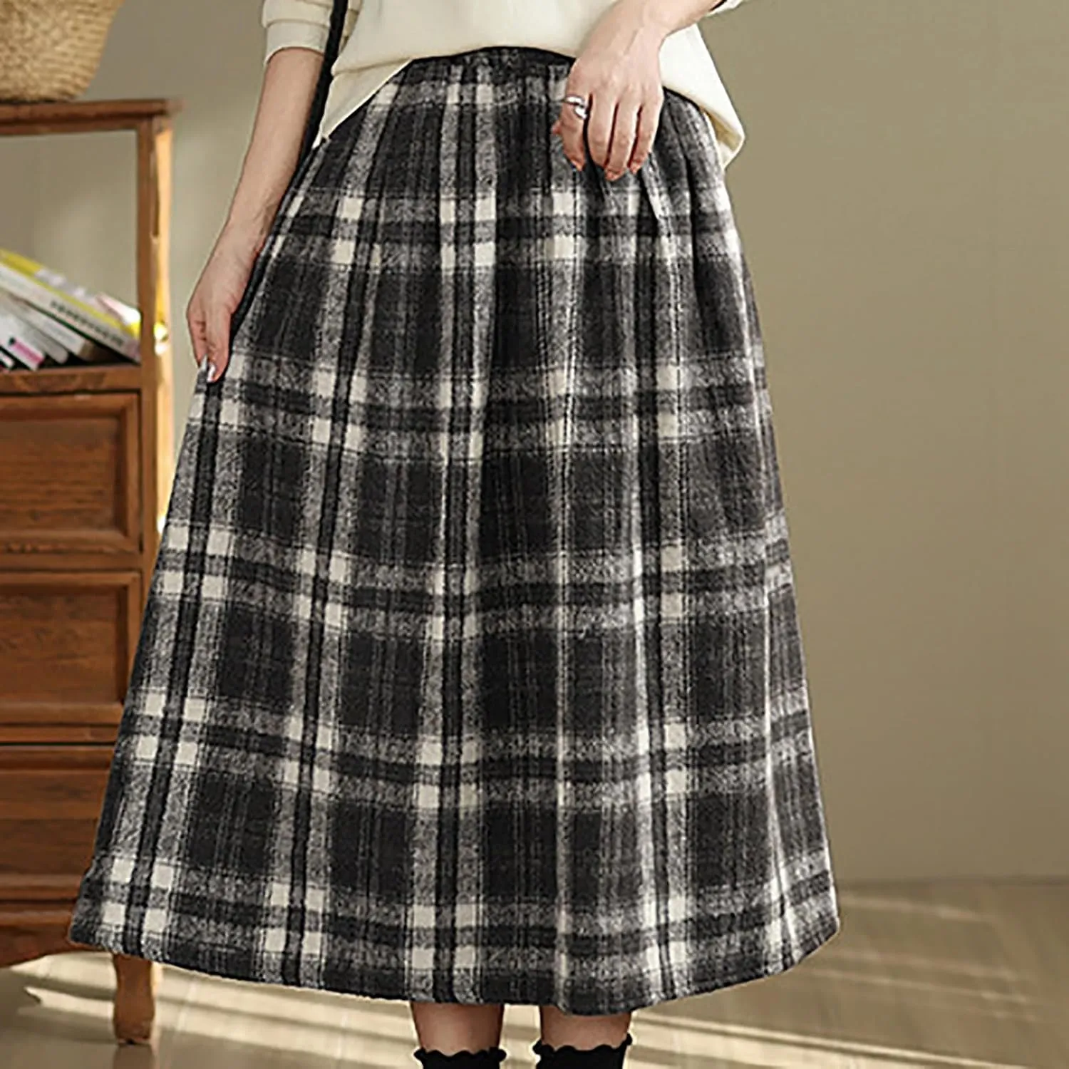 Womens Plaid Wool Skirts Elastic High Waisted A-Line Pleated Tartan Long Skirts