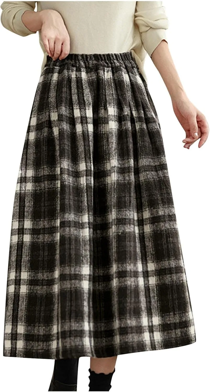 Womens Plaid Wool Skirts Elastic High Waisted A-Line Pleated Tartan Long Skirts
