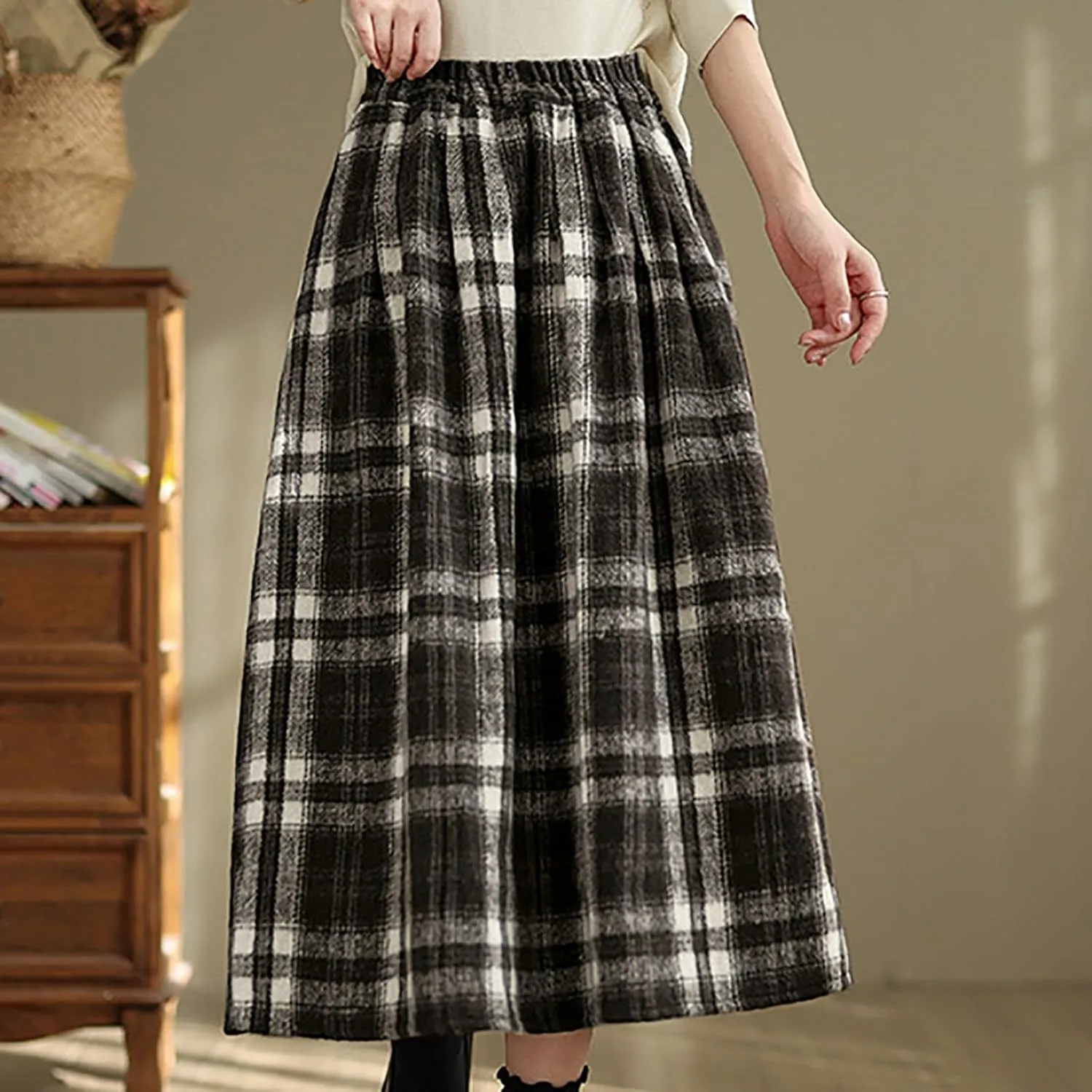 Womens Plaid Wool Skirts Elastic High Waisted A-Line Pleated Tartan Long Skirts