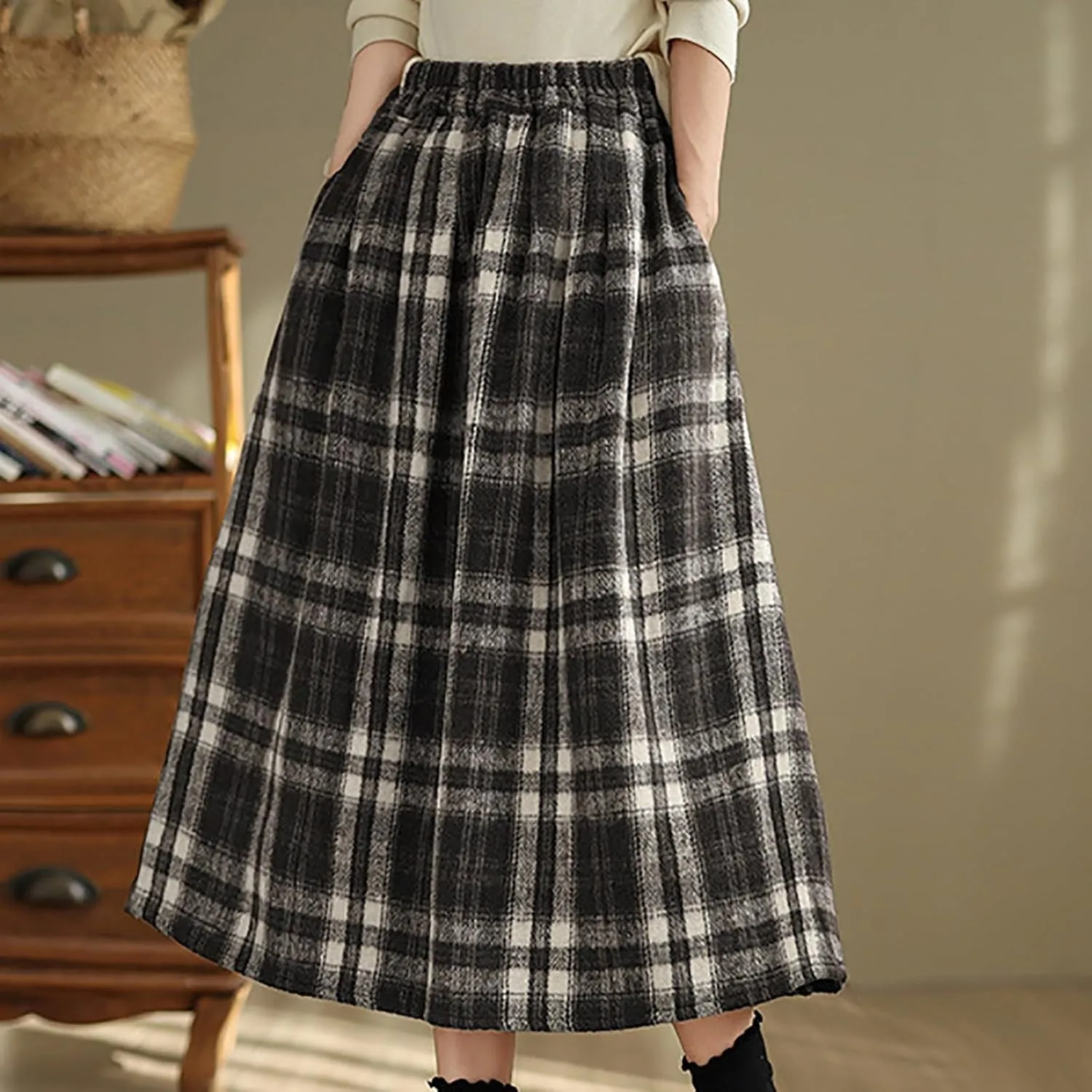 Womens Plaid Wool Skirts Elastic High Waisted A-Line Pleated Tartan Long Skirts