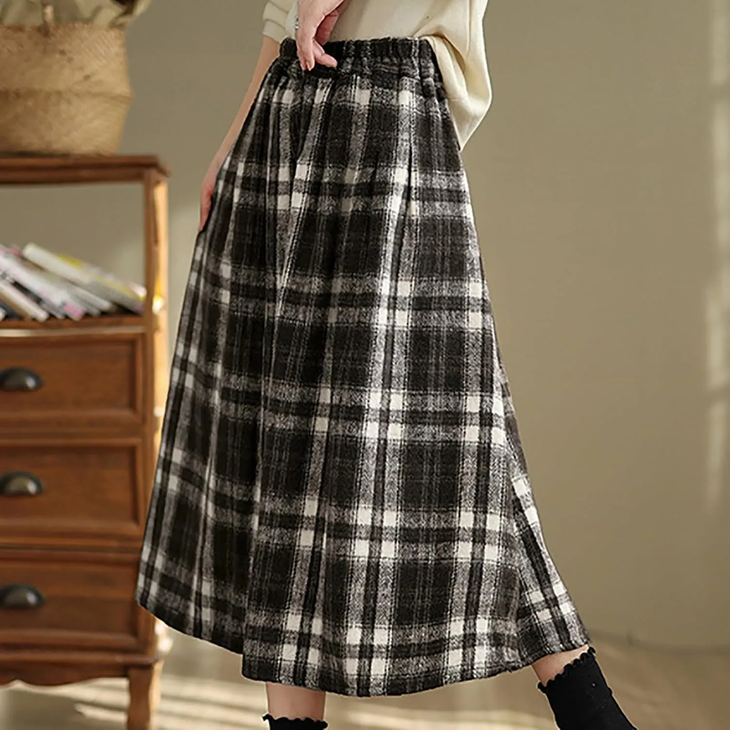 Womens Plaid Wool Skirts Elastic High Waisted A-Line Pleated Tartan Long Skirts