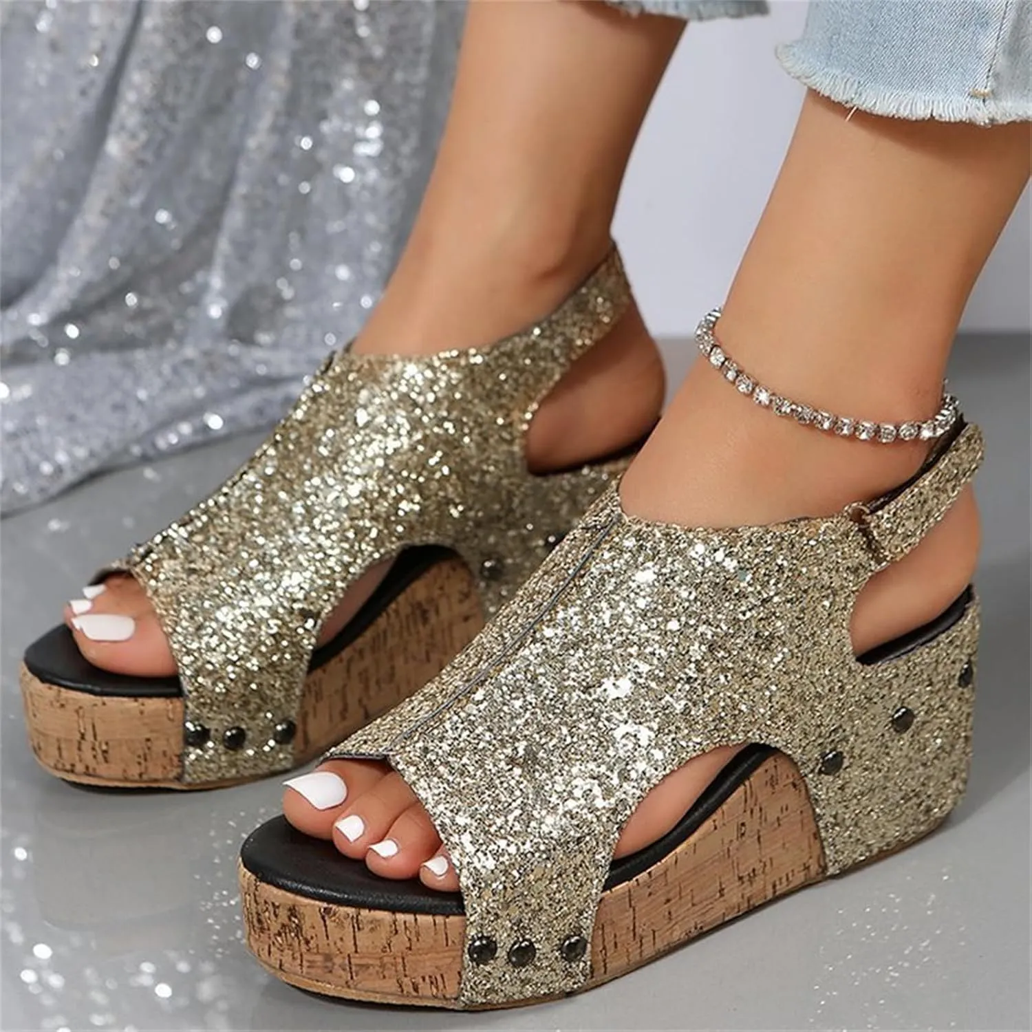 Women's Sandals Comfortable Walking Wedge Sandals Dressy Summer Open Toe Slip on Casual Sparkly Glitter Platform Dress Shoes