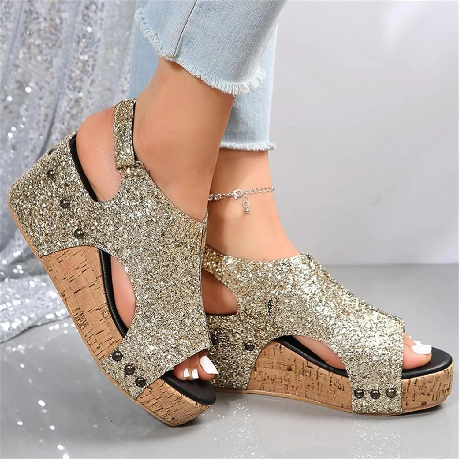 Women's Sandals Comfortable Walking Wedge Sandals Dressy Summer Open Toe Slip on Casual Sparkly Glitter Platform Dress Shoes