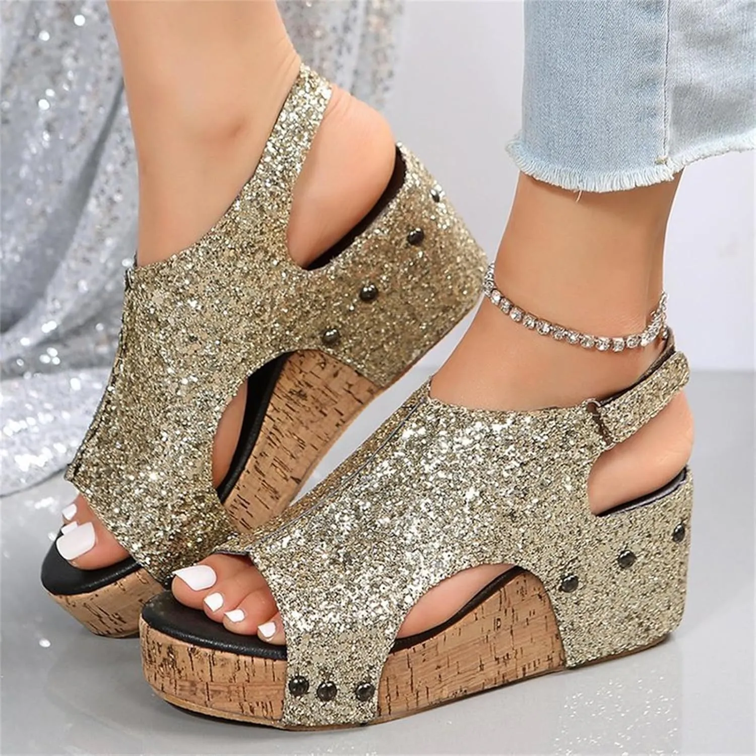 Women's Sandals Comfortable Walking Wedge Sandals Dressy Summer Open Toe Slip on Casual Sparkly Glitter Platform Dress Shoes