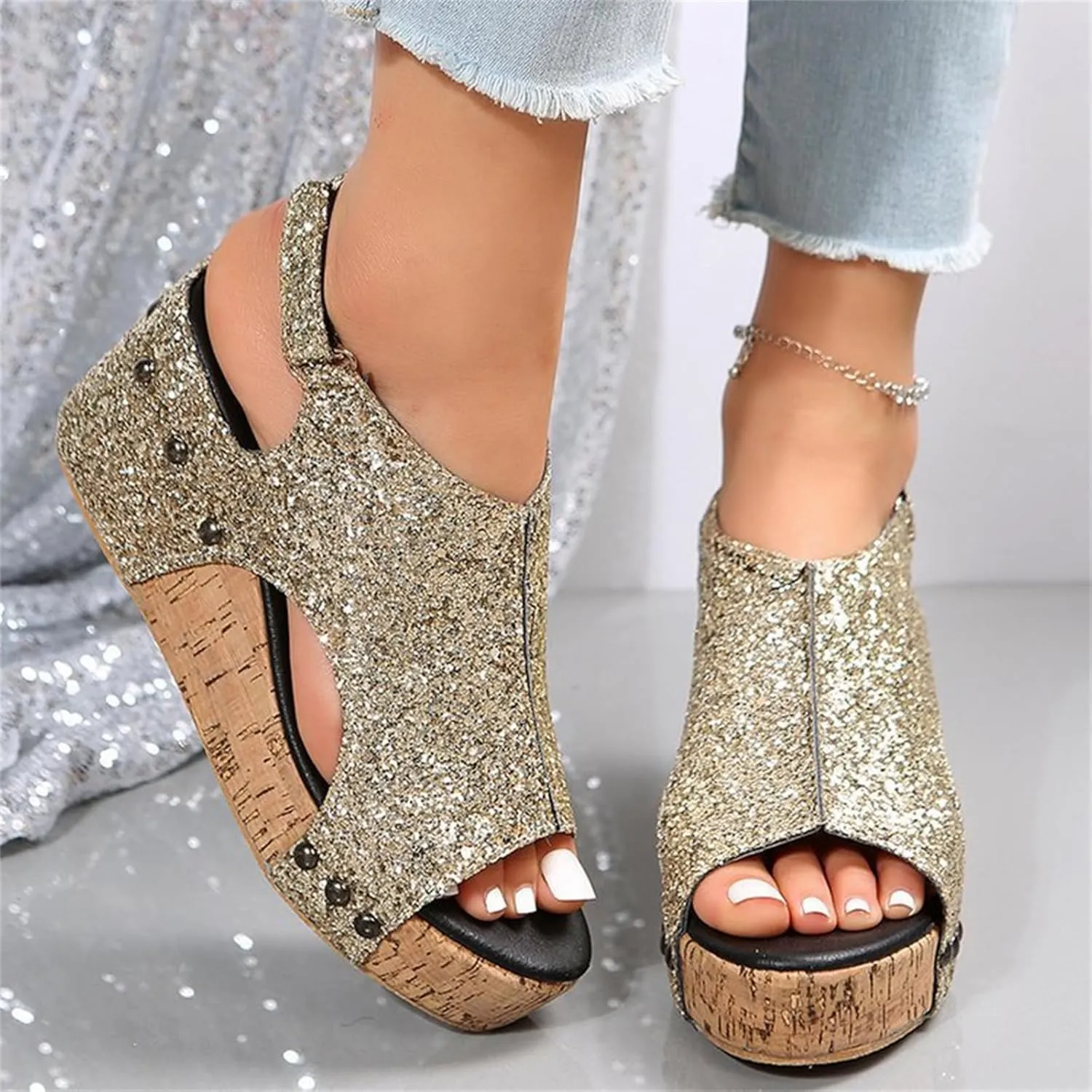 Women's Sandals Comfortable Walking Wedge Sandals Dressy Summer Open Toe Slip on Casual Sparkly Glitter Platform Dress Shoes