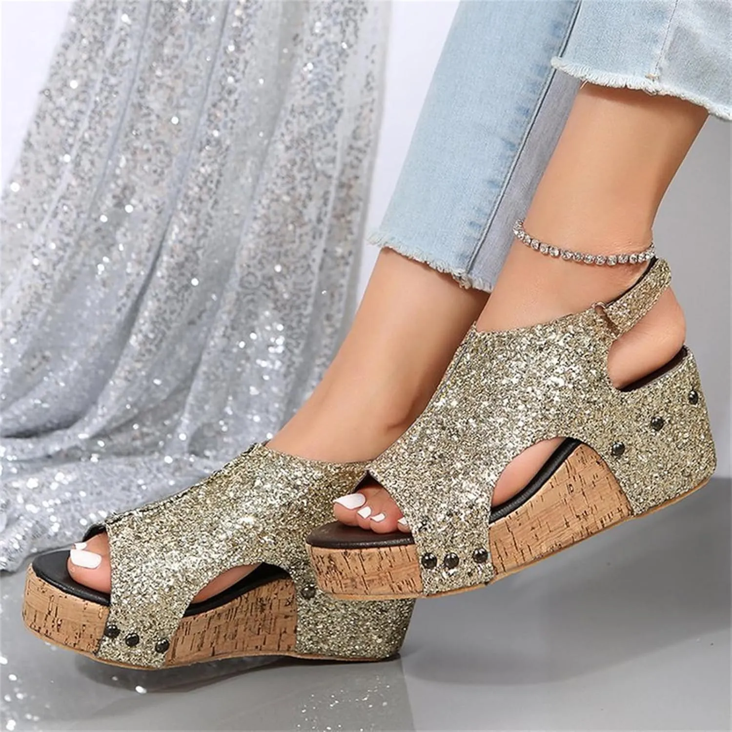 Women's Sandals Comfortable Walking Wedge Sandals Dressy Summer Open Toe Slip on Casual Sparkly Glitter Platform Dress Shoes