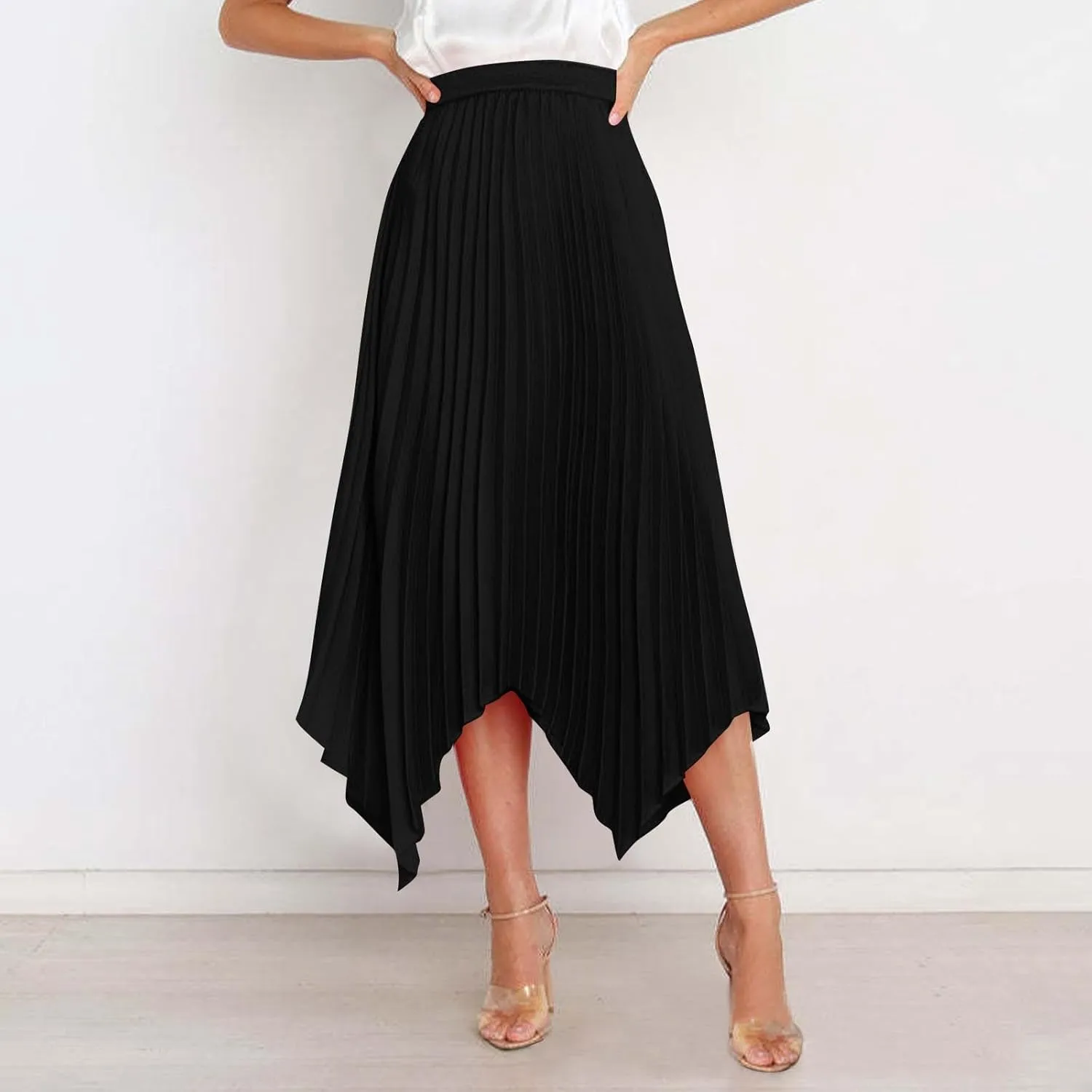 Women's Shirring Pleated Midi Skirt Asymmetrical Hem Trendy Clothes Summer Elastic High Waisted A-Line Swing Skirts