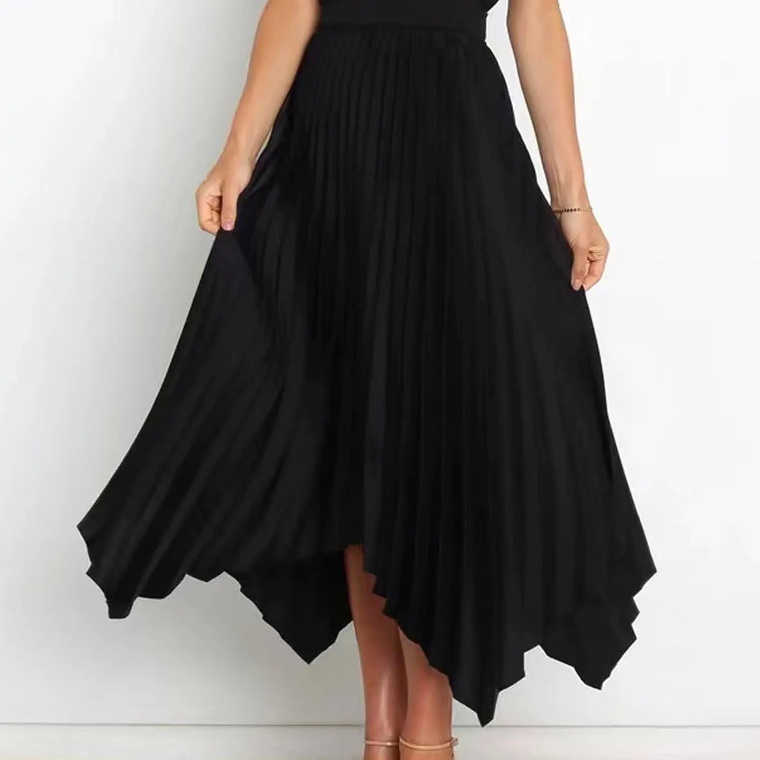 Women's Shirring Pleated Midi Skirt Asymmetrical Hem Trendy Clothes Summer Elastic High Waisted A-Line Swing Skirts
