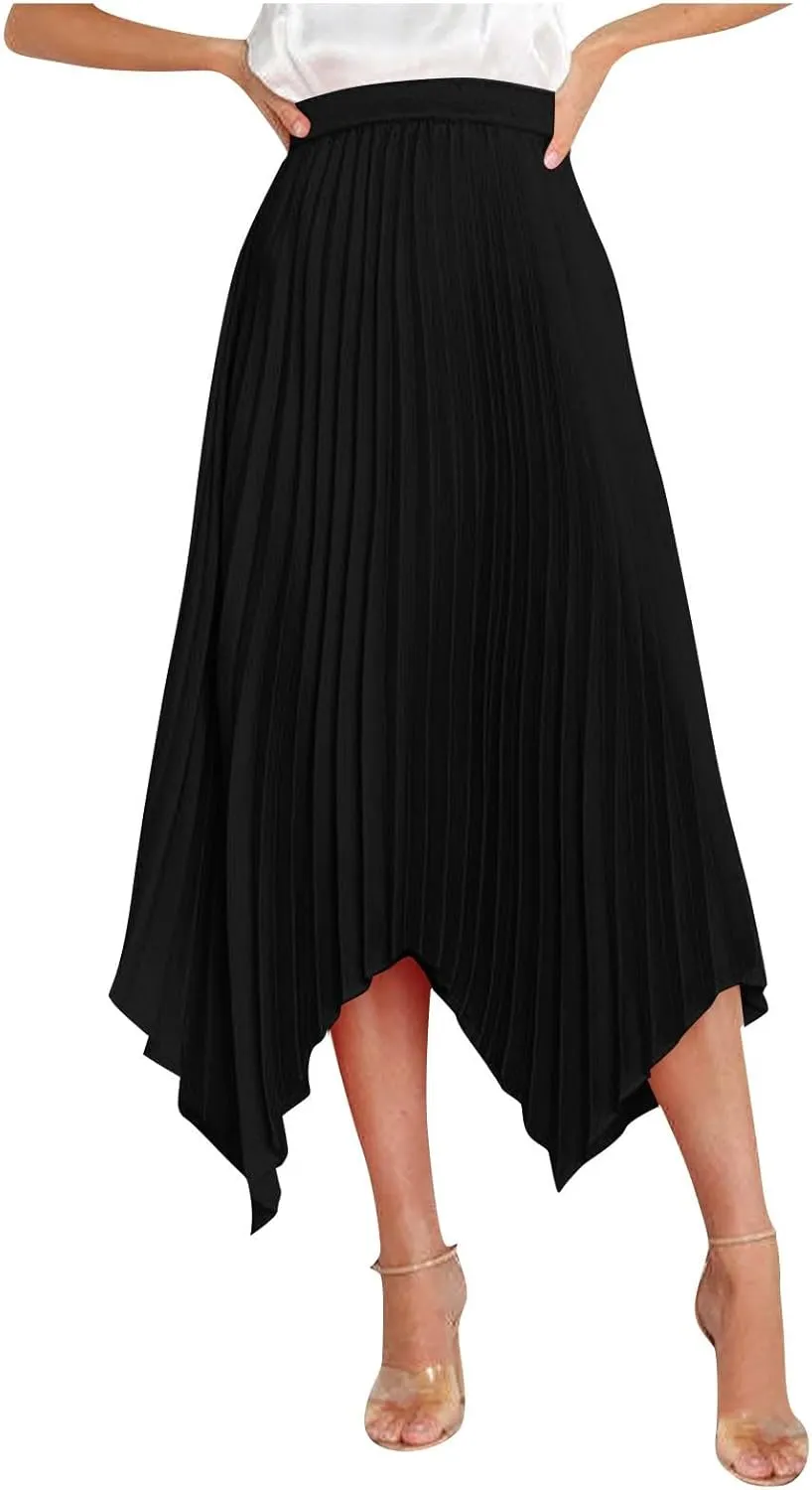 Women's Shirring Pleated Midi Skirt Asymmetrical Hem Trendy Clothes Summer Elastic High Waisted A-Line Swing Skirts