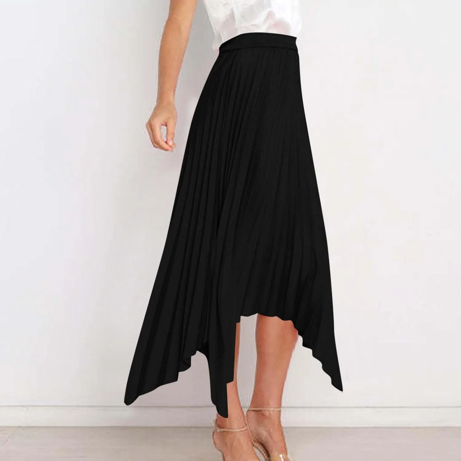 Women's Shirring Pleated Midi Skirt Asymmetrical Hem Trendy Clothes Summer Elastic High Waisted A-Line Swing Skirts
