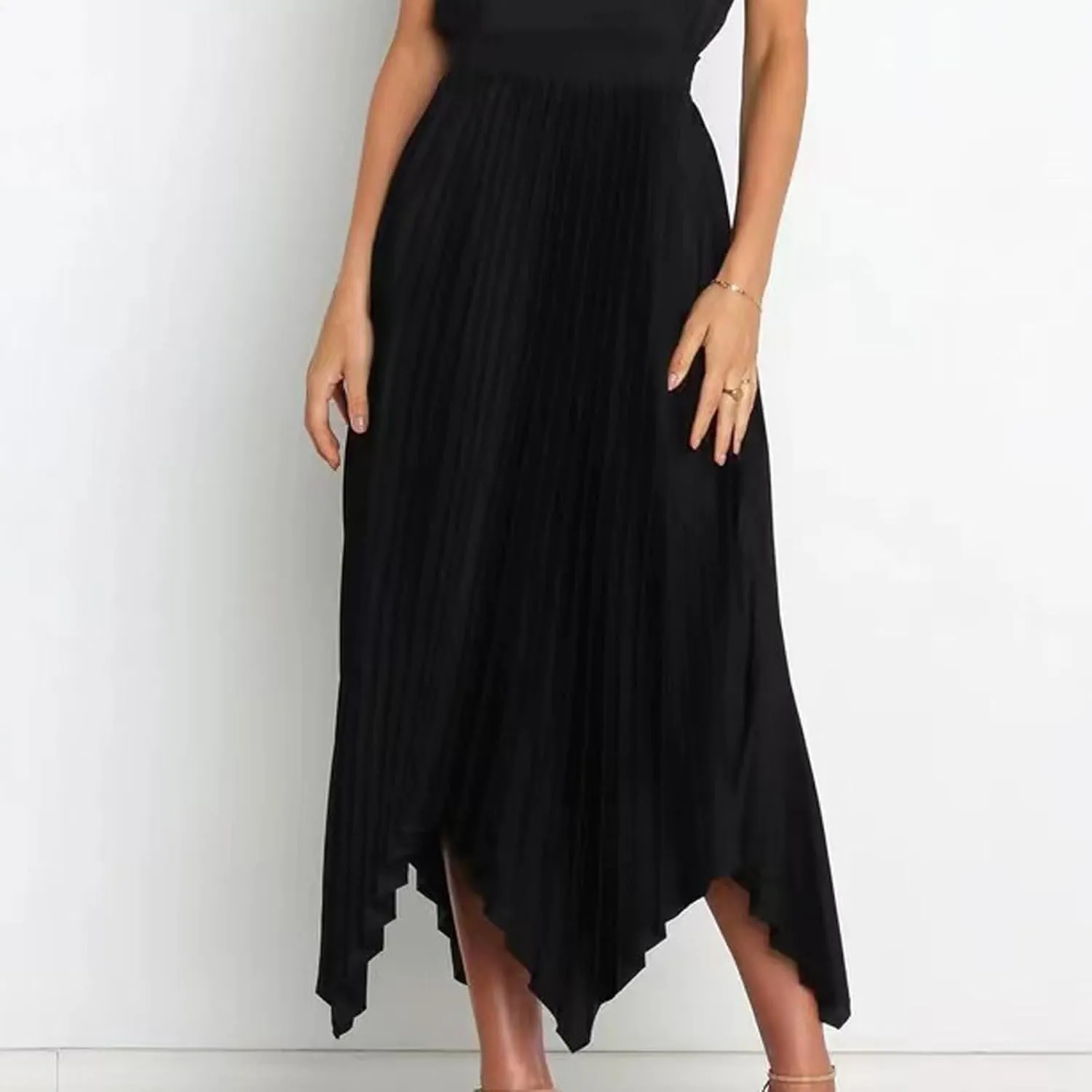 Women's Shirring Pleated Midi Skirt Asymmetrical Hem Trendy Clothes Summer Elastic High Waisted A-Line Swing Skirts