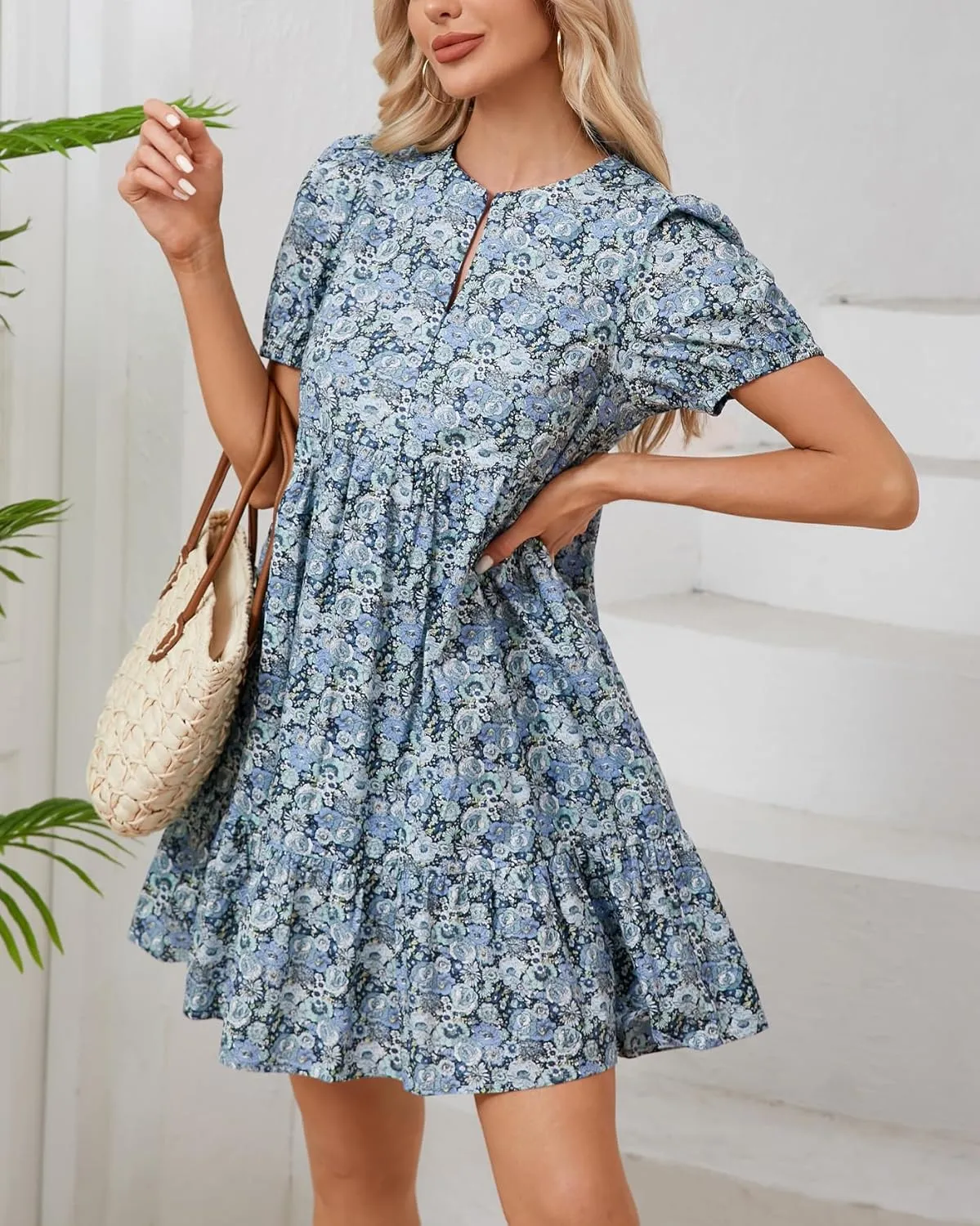 Women's Summer Floral Boho Mini Dresses Puff Short Sleeve Zip Up Ruffle Swing Dress with Pockets