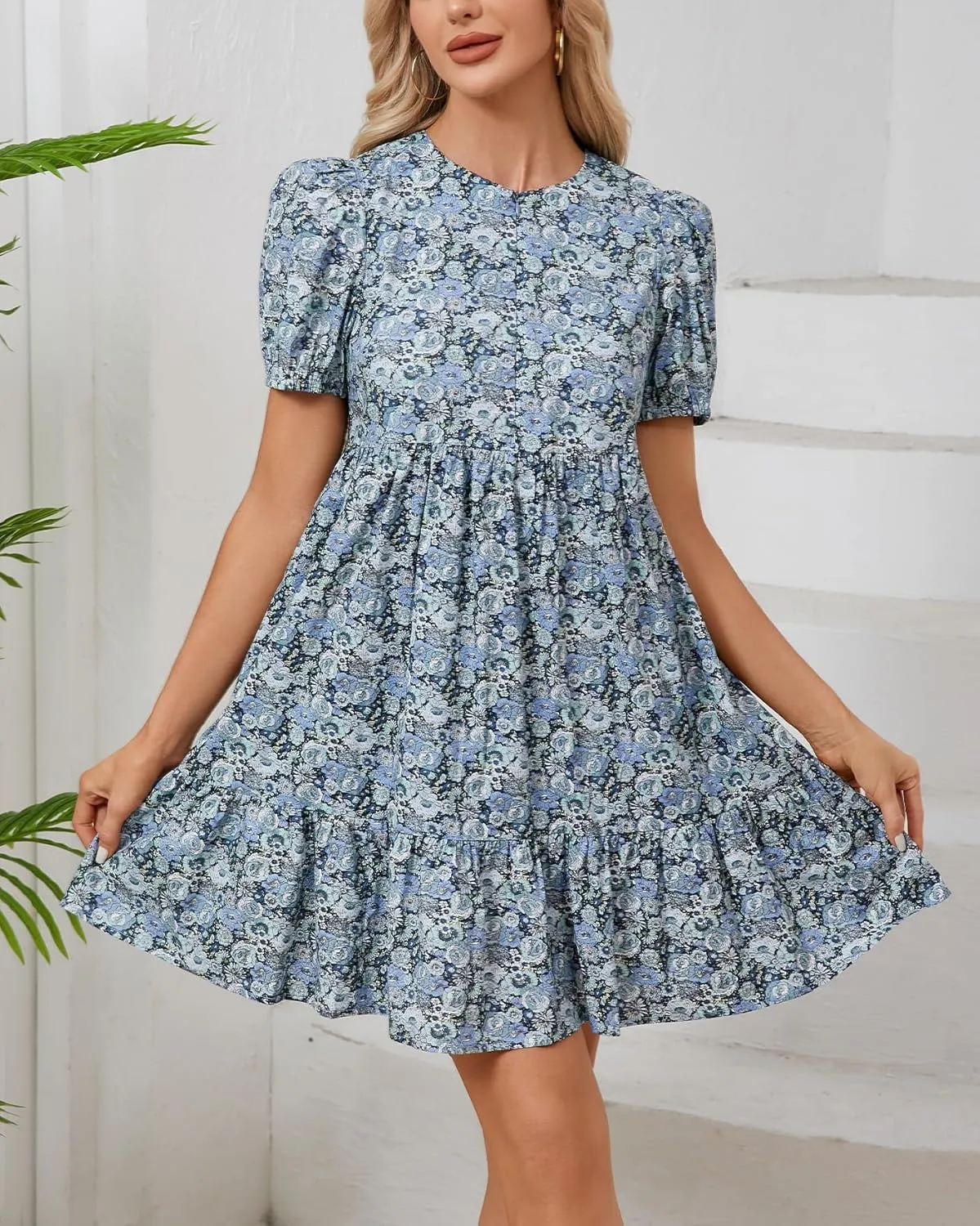 Women's Summer Floral Boho Mini Dresses Puff Short Sleeve Zip Up Ruffle Swing Dress with Pockets