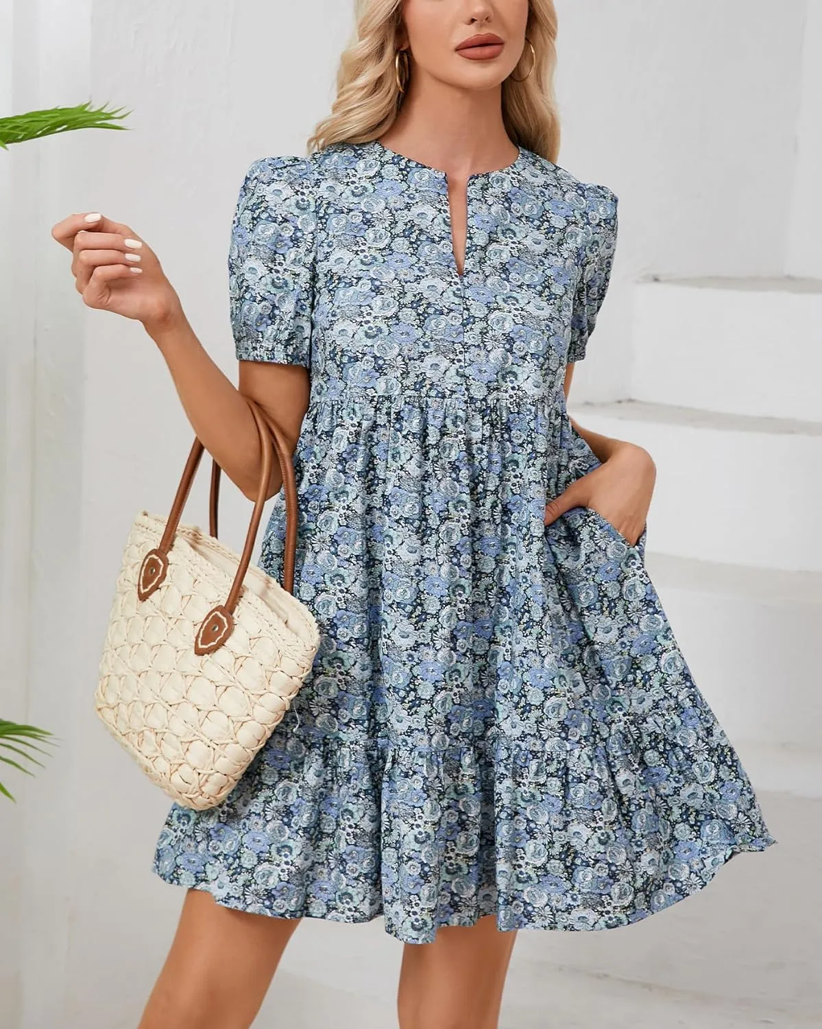 Women's Summer Floral Boho Mini Dresses Puff Short Sleeve Zip Up Ruffle Swing Dress with Pockets