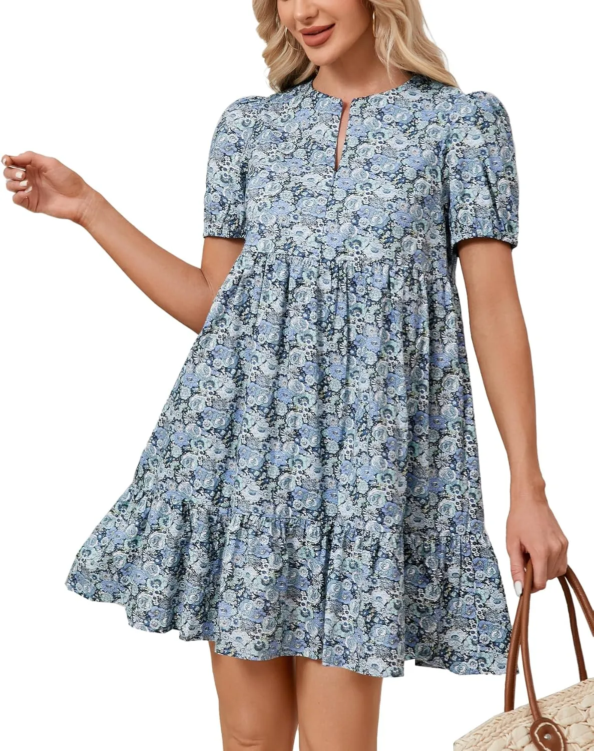 Women's Summer Floral Boho Mini Dresses Puff Short Sleeve Zip Up Ruffle Swing Dress with Pockets