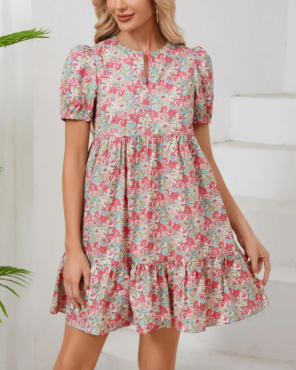 Women's Summer Floral Boho Mini Dresses Puff Short Sleeve Zip Up Ruffle Swing Dress with Pockets