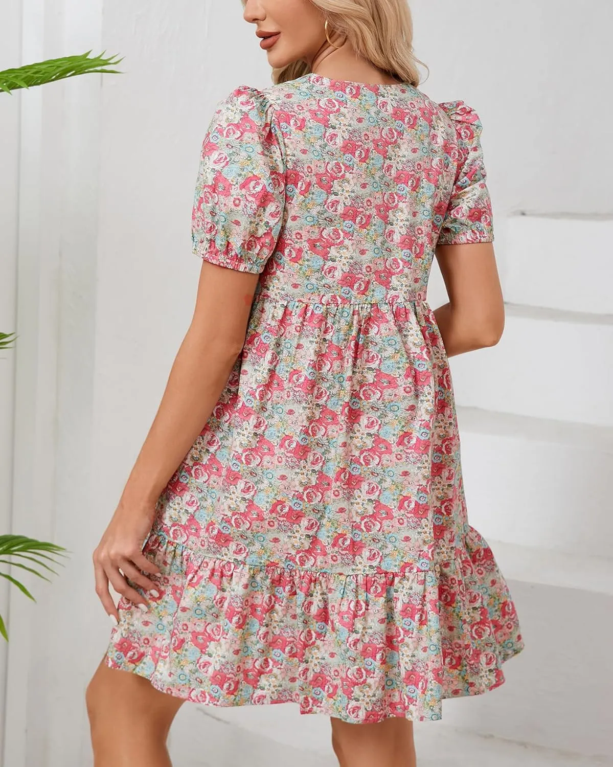 Women's Summer Floral Boho Mini Dresses Puff Short Sleeve Zip Up Ruffle Swing Dress with Pockets