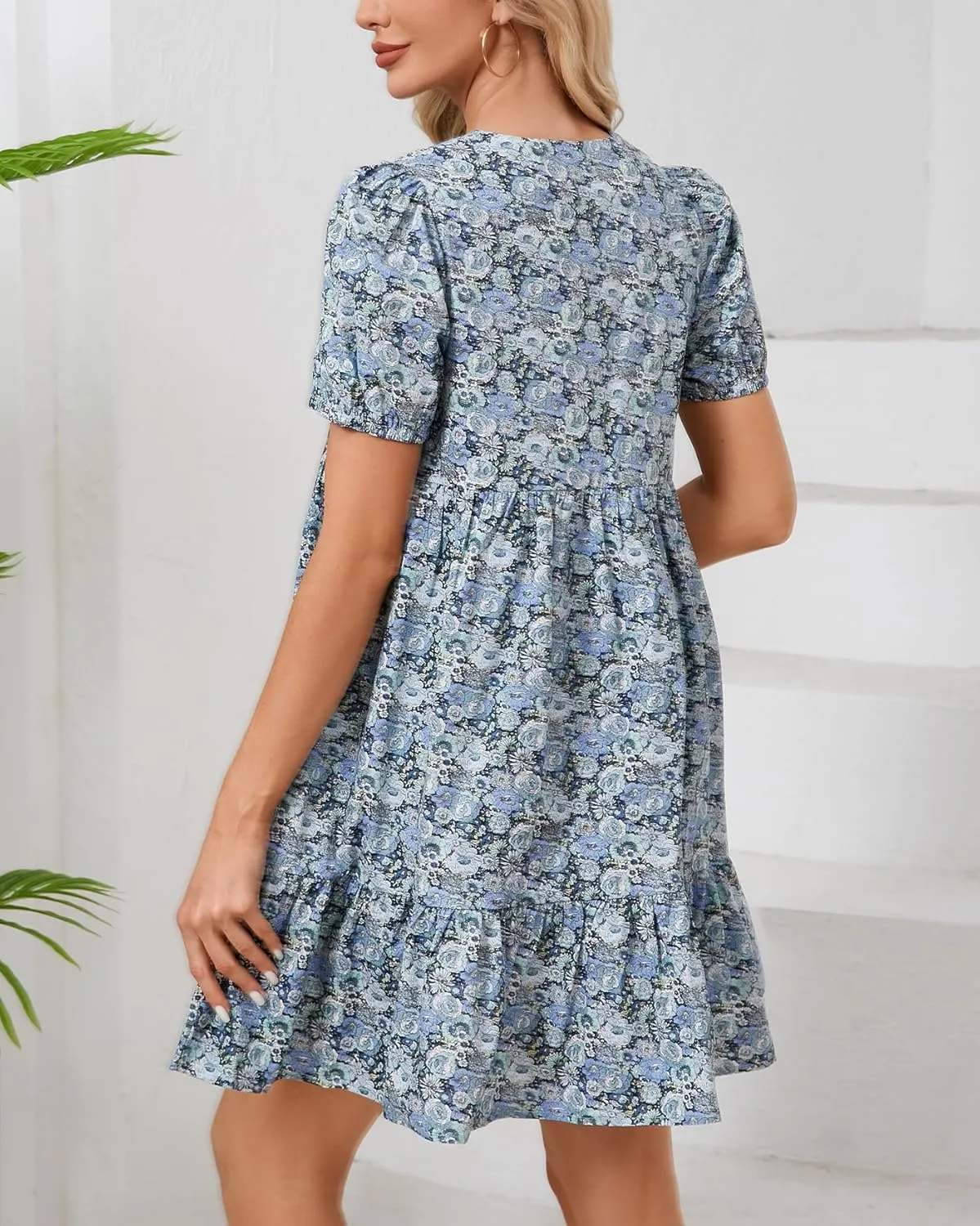 Women's Summer Floral Boho Mini Dresses Puff Short Sleeve Zip Up Ruffle Swing Dress with Pockets