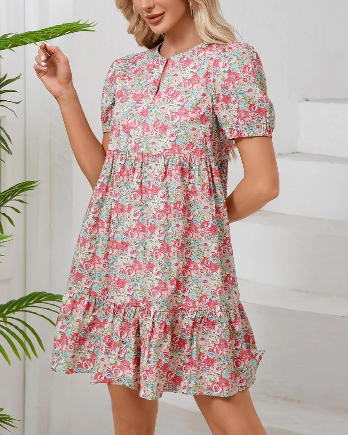 Women's Summer Floral Boho Mini Dresses Puff Short Sleeve Zip Up Ruffle Swing Dress with Pockets