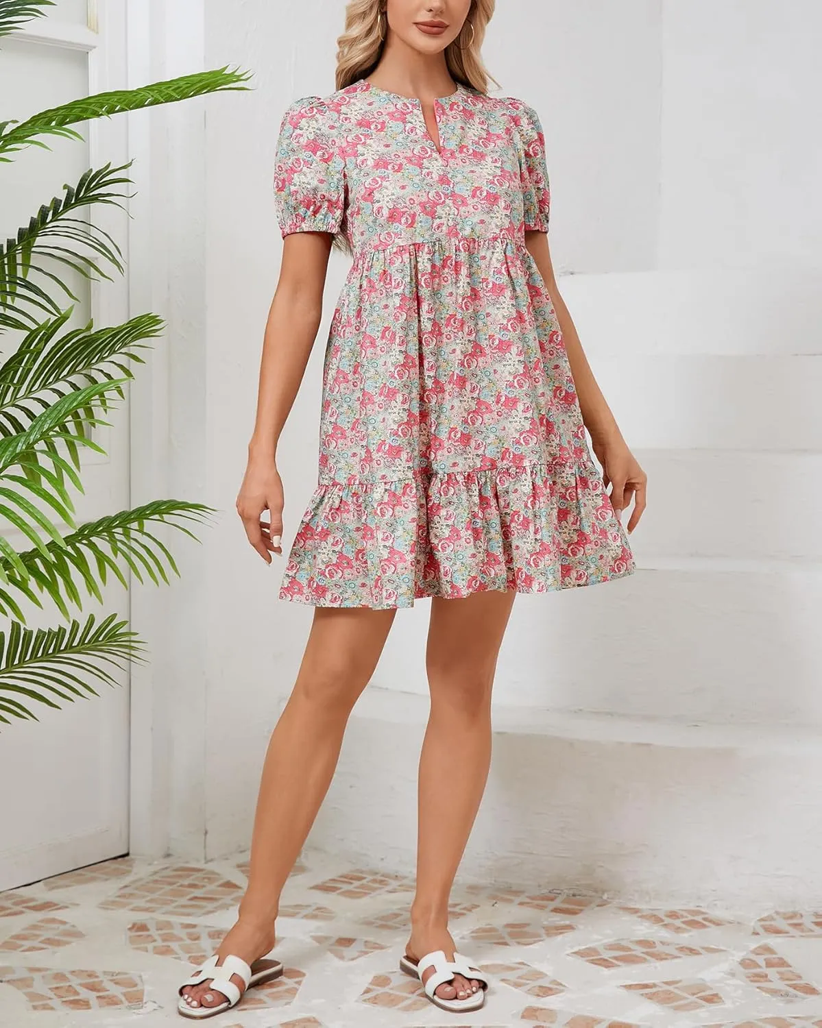 Women's Summer Floral Boho Mini Dresses Puff Short Sleeve Zip Up Ruffle Swing Dress with Pockets