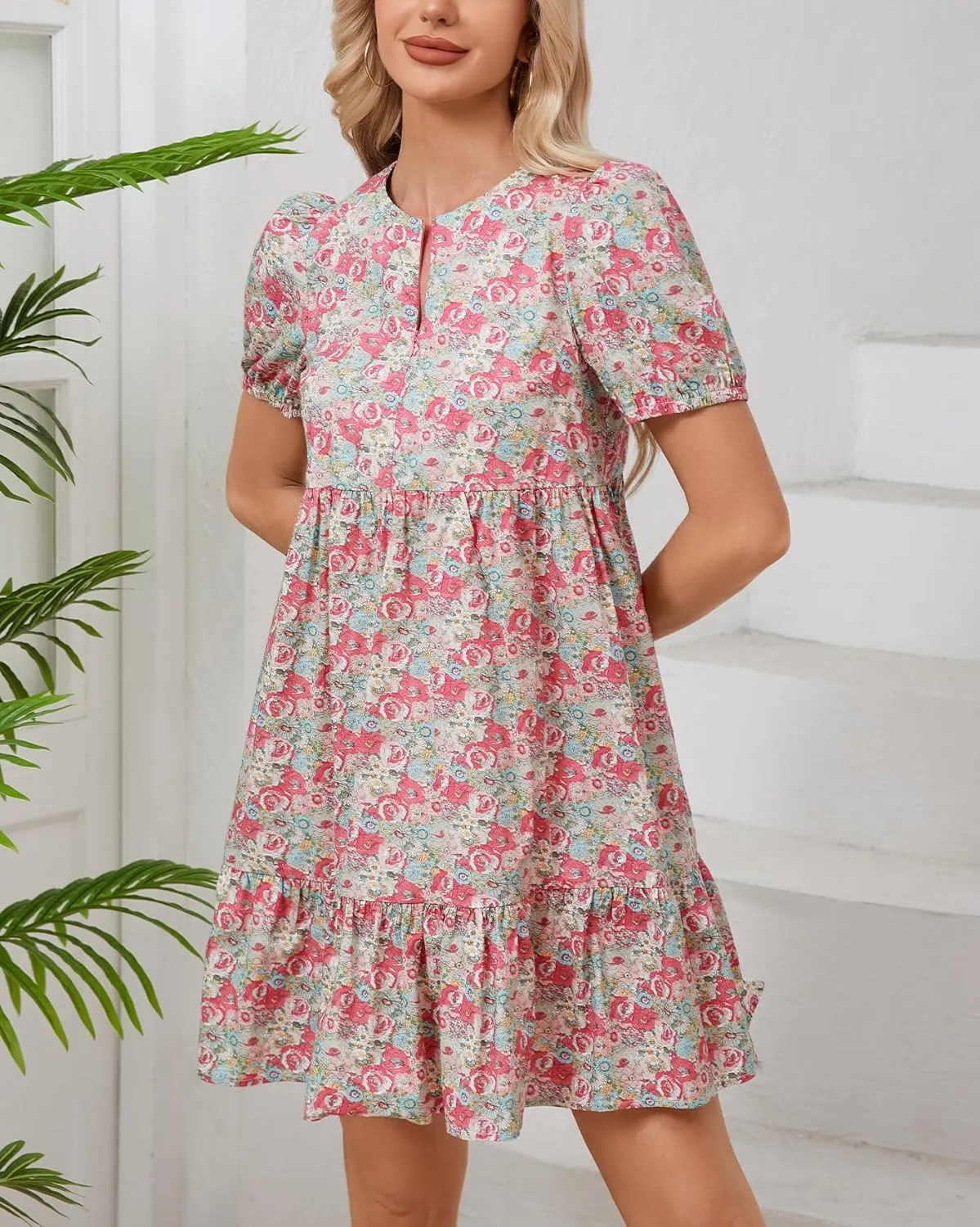 Women's Summer Floral Boho Mini Dresses Puff Short Sleeve Zip Up Ruffle Swing Dress with Pockets