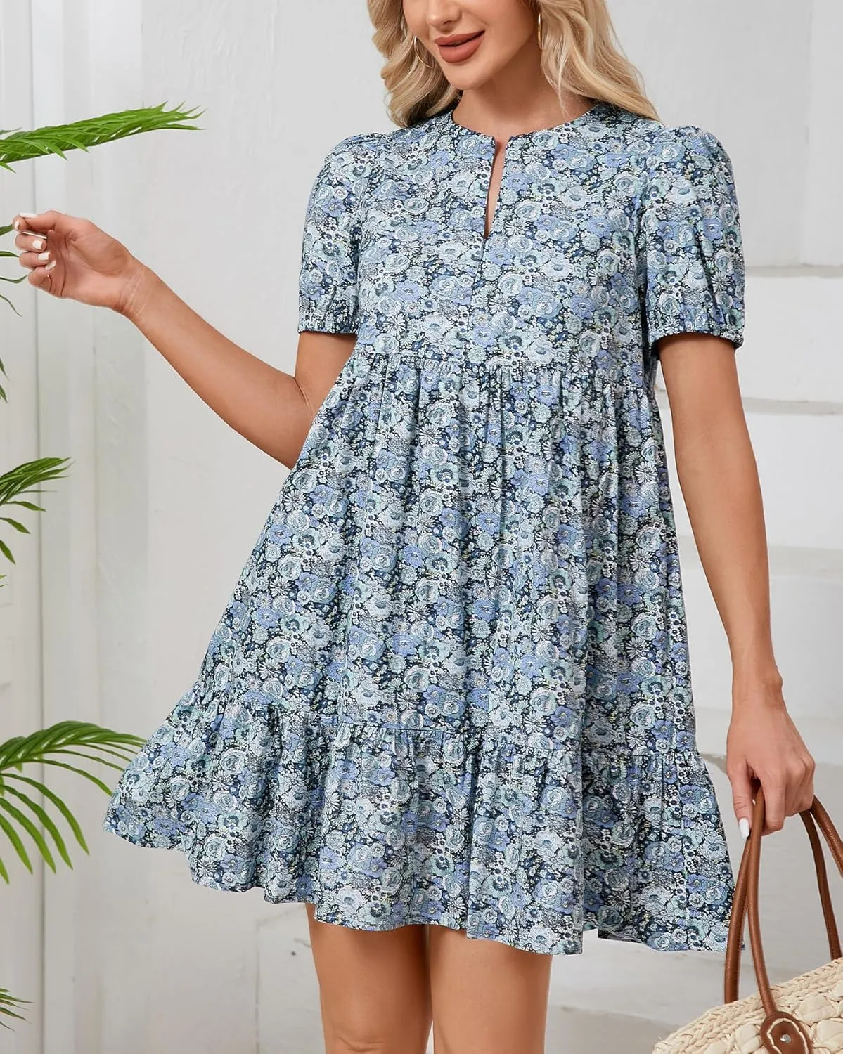 Women's Summer Floral Boho Mini Dresses Puff Short Sleeve Zip Up Ruffle Swing Dress with Pockets