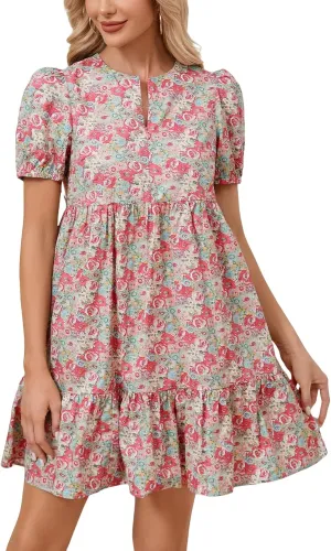 Women's Summer Floral Boho Mini Dresses Puff Short Sleeve Zip Up Ruffle Swing Dress with Pockets