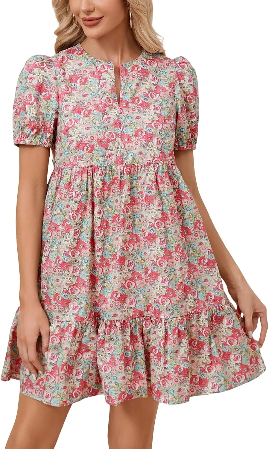 Women's Summer Floral Boho Mini Dresses Puff Short Sleeve Zip Up Ruffle Swing Dress with Pockets