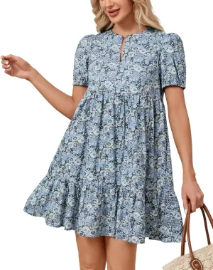 Women's Summer Floral Boho Mini Dresses Puff Short Sleeve Zip Up Ruffle Swing Dress with Pockets