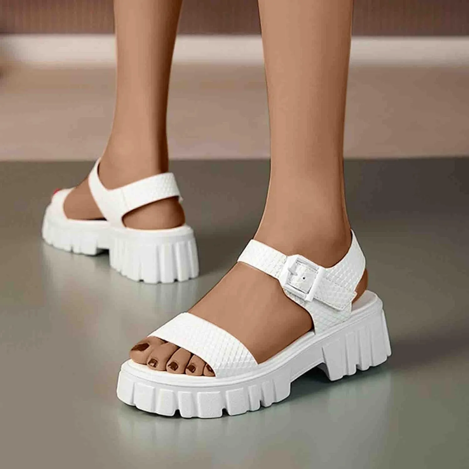 Women's Thick Strappy Chunky Sandal Hook and Eye Solid Platform Shoe Open Toe Slingback Sandals Summer Spring Shoes