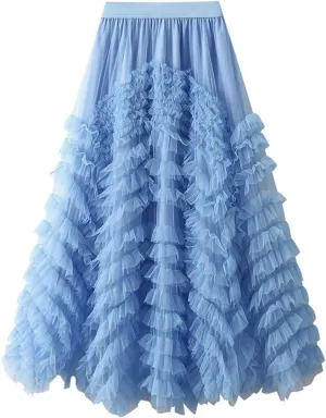 Women's Tulle Skirts Long Fairy Skirt Tiered Ruffles Tutu Puffy Skirt Elastic High Waist A-line Flowy Midi Long Skirt
