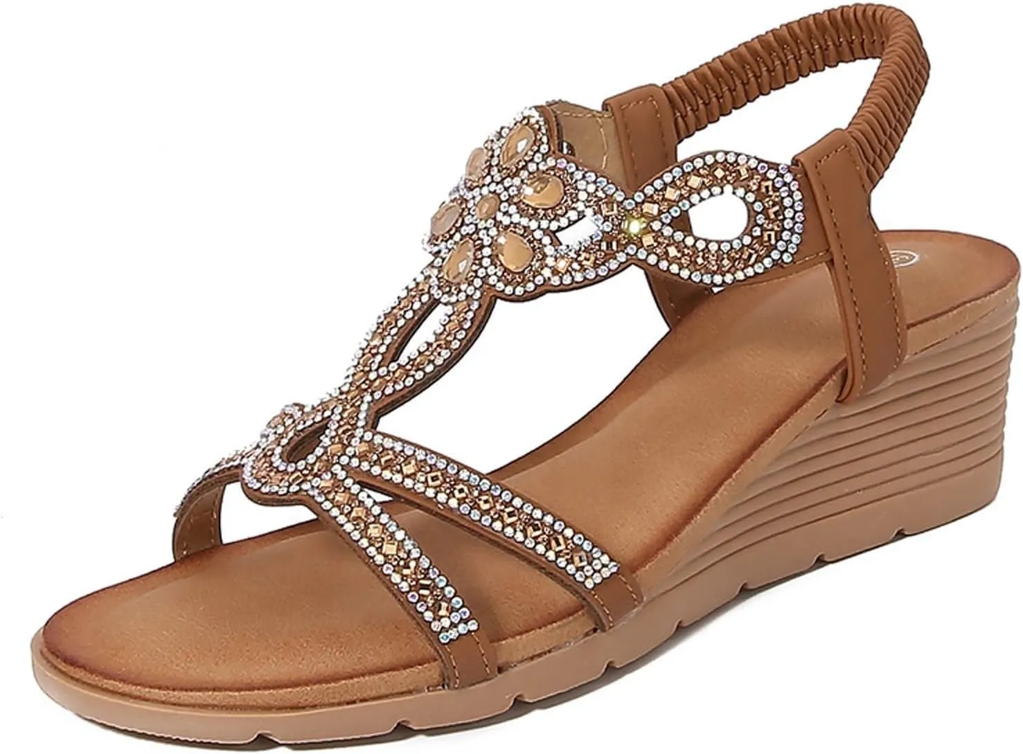 Women's Wedge Sandals Summer Comfortable Casual Bohemian Beach Rhinestone Platform Shoes Bohemia Open Toe Roman Heel Dressy Low Sparkly Fashion Dress Lady Bridal Dance T-Strap Beaded Flat Sandal