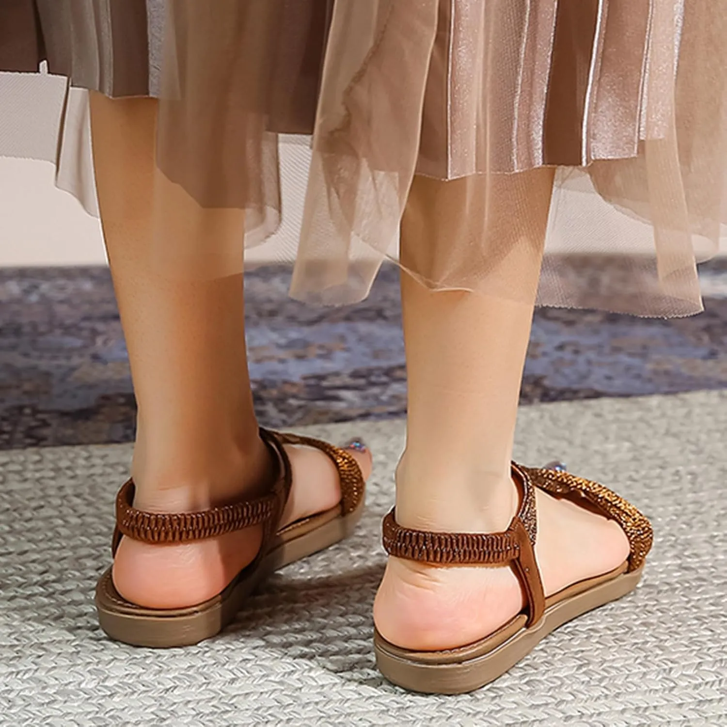 Yoga Mat Comfortable Flat Sandal for Women Dressy Shoes with Hook & Loop Strap Fashion Bow Flats for Women
