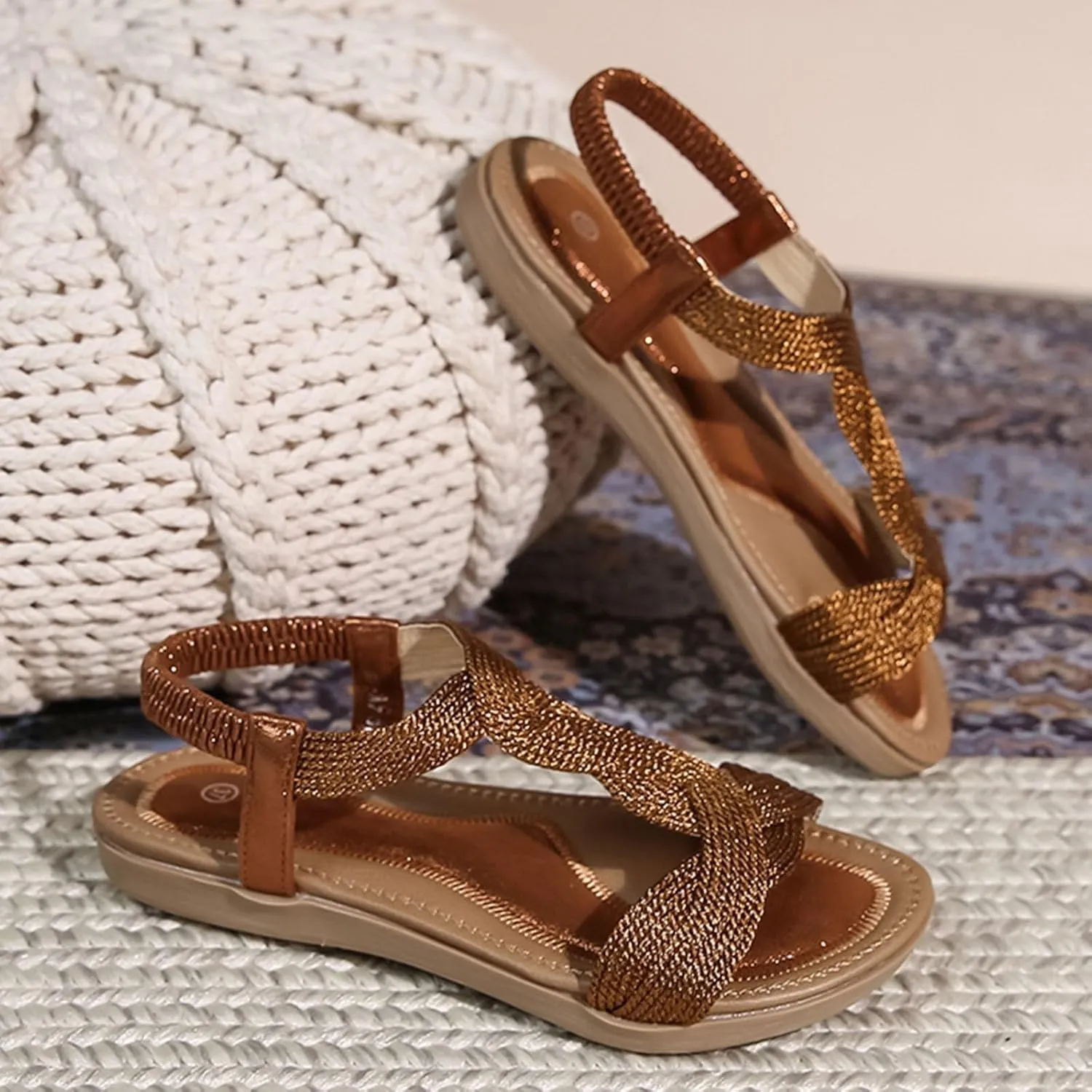 Yoga Mat Comfortable Flat Sandal for Women Dressy Shoes with Hook & Loop Strap Fashion Bow Flats for Women