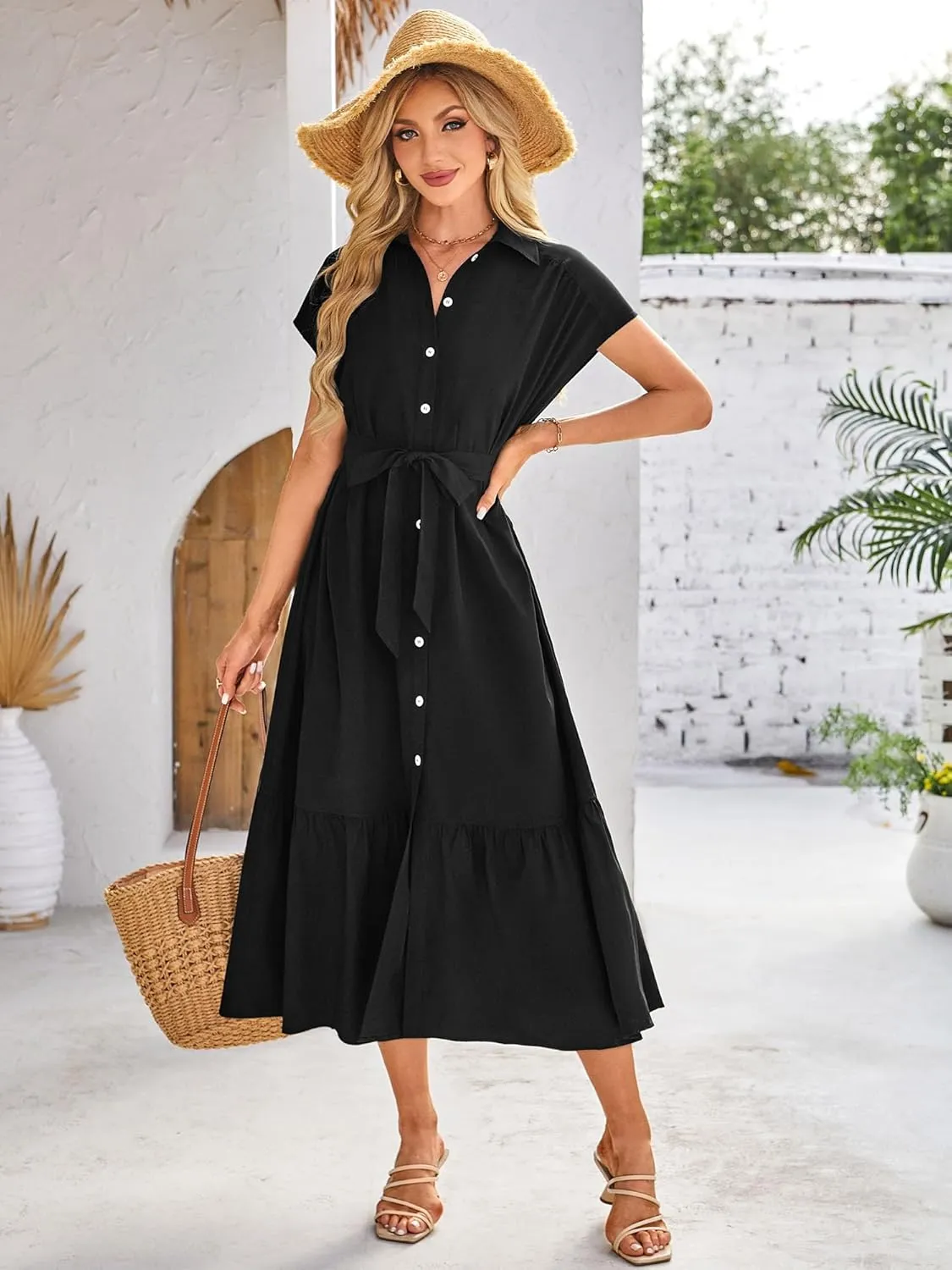 ZABERRY Button Down Collar Neck Wrap Dress with Belt Cap Sleeve Long Maxi Summer Wedding Guest Dresses for Women
