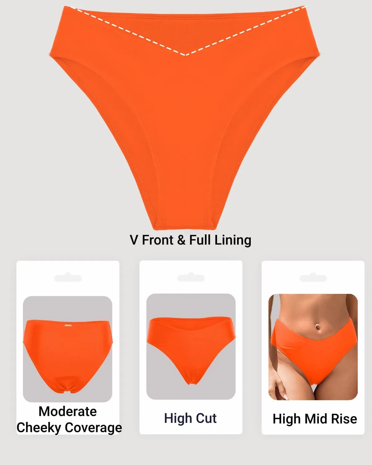 Zmart Women V Cut Cheeky Bikini Bottoms - Mid Waist High Cut Swim Bathing Suit Bottoms V Front Swimsuit